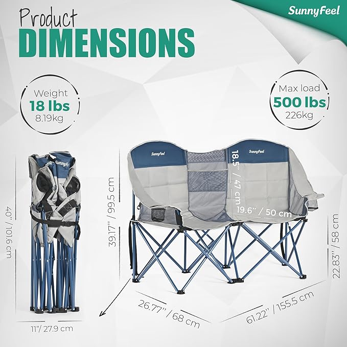 SUNNYFEEL Double Camping Chair Portable Folding Loveseat with Cup Holders Heavy Duty Steel Frame Gray