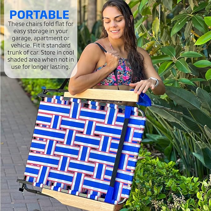 Webbing Patio Lounger Steel Chaise Lawn Chair Foldable Outdoor Great for Patio Camping Backyard Pool Wood Handles 1 Pack Red White Blue