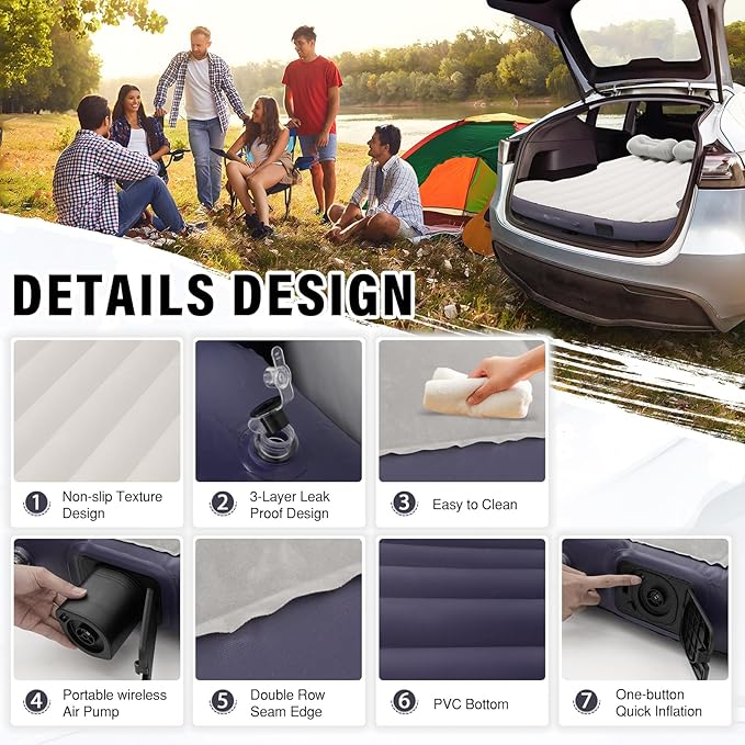 Self-Inflating Car Air Mattress for Tesla Model Y 2025 2024-2020/Model Y Juniper Outdoor Camping Air Bed with 2 Pillows Built-in Pump Air Couch Mat Flocking Air Cushion Model Y Accessories(Beige&ampB