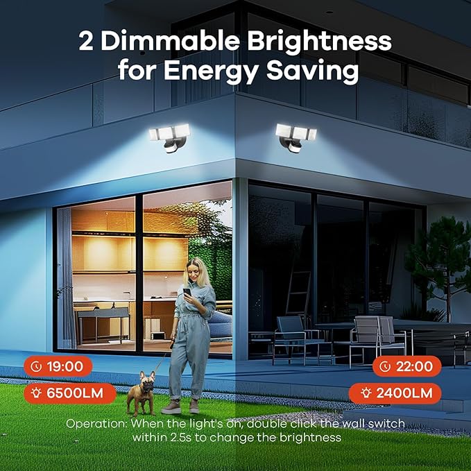 OREiN Motion Sensor Outdoor Flood Light 42W 6500LM Super Bright LED Security Light Dusk to Dawn/Auto/Manual Modes IP65 Waterproof Hardwired Floodlight for Yard Garage Porch Driveway