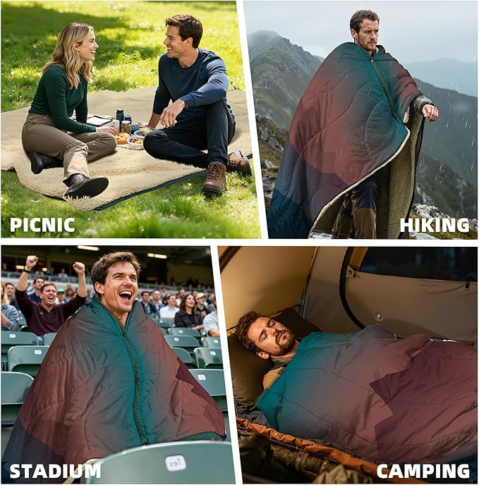 Outdoor Camping Blanket - Puffy Camping Blanket PackableSherpa Fleece Warm Blanket for Camping Outdoors Travel Stadium Festivals Beach Hammock 56x 78 Machine Washable DWR Lightweight