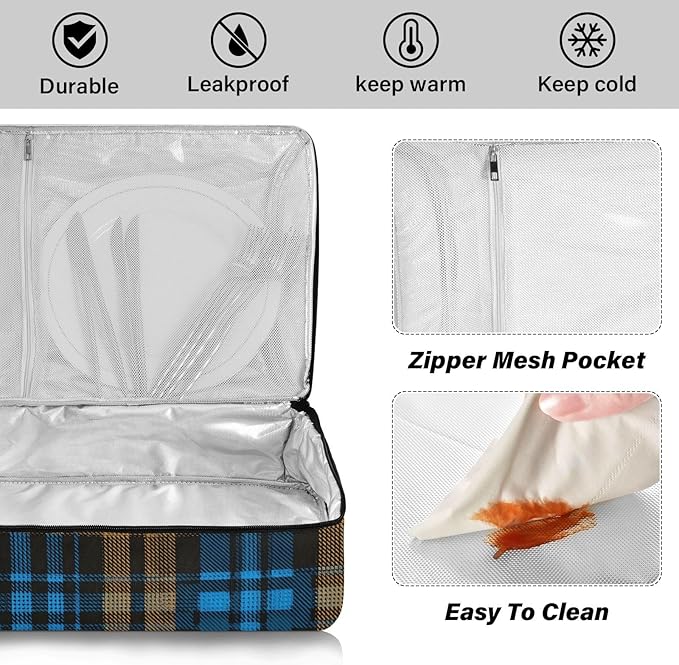 Casserole Carrier Blue and Brown Tartan Pattern Insulated Casserole Carrier for Hot or Cold Food Thermal Lunch Tote for Parties Picnic Travel Carry Bag