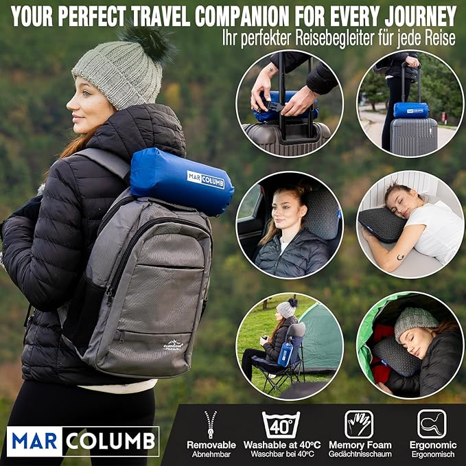 Travel &amp Camping Comfortable Memory Foam Pillow – Easy to Carry Portable Bag – Temperature Regulating Pillow Case - Perfect for Travelling (Grey)