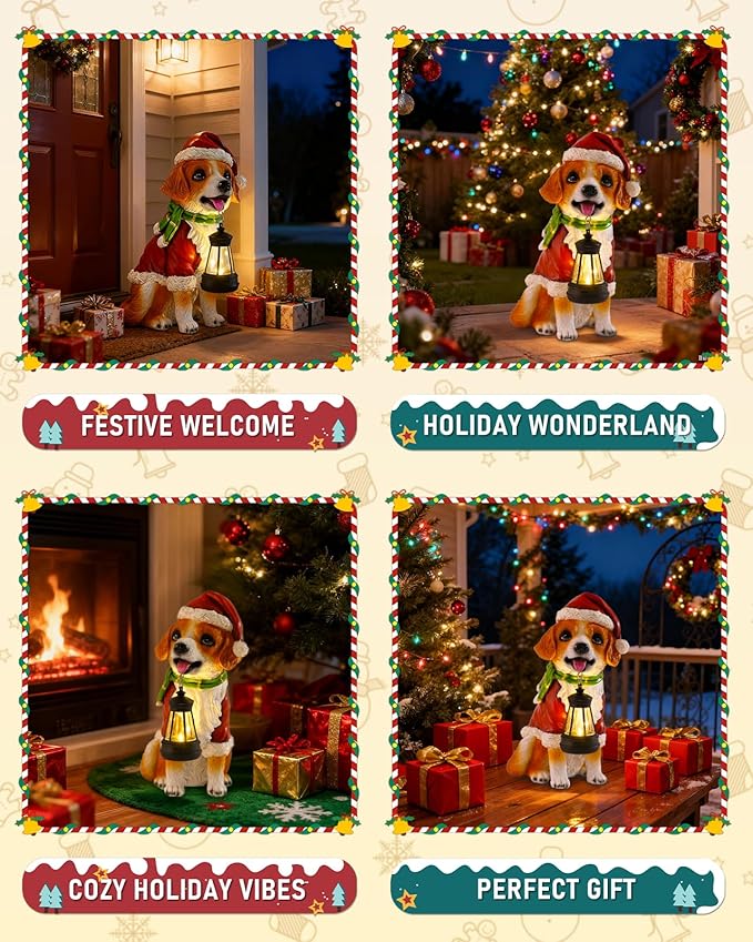 Christmas Dog Garden Statue with Solar Lantern – Santa Dog Figurine in Red Coat &amp Hat Outdoor Christmas Yard &amp Porch Decorations Balcony &amp Lawn Decor for Dog Lovers
