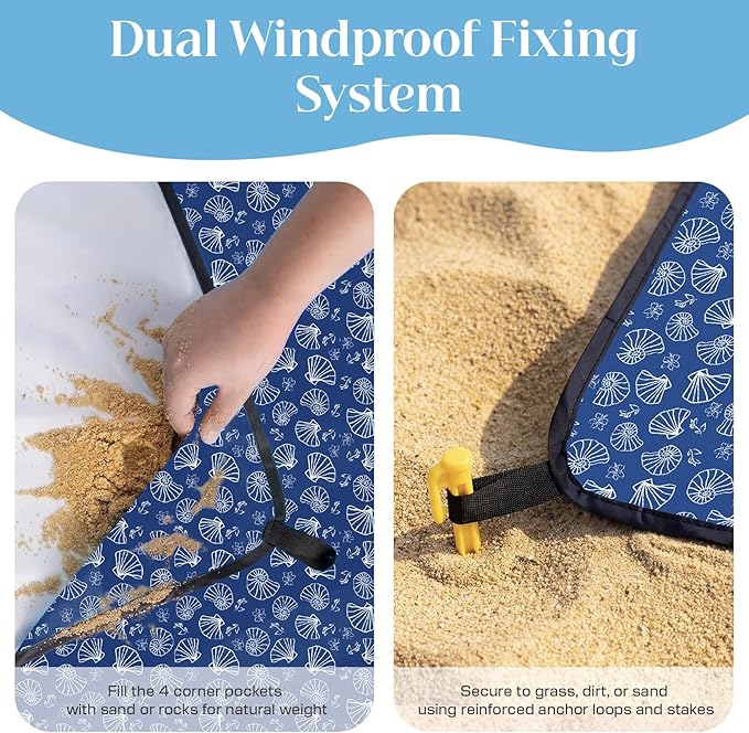 OIGAE Family Beach Blanket 7×8 ft Sand-Free Picnic Mat for 1–4 People Quick-Dry Lightweight Outdoor Blanket with Stakes &amp Corner Pockets Shell Blue
