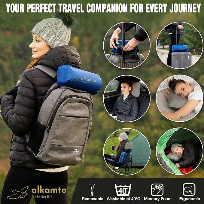 alkamto Travel &amp Camping Comfortable Memory Foam Pillow – Easy to Carry Portable Bag – Temperature Regulating Pillow Case (Grey)