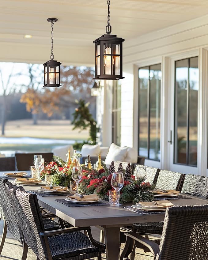 Bronze Hanging Porch Light Modern Outdoor Pendant Lights for Porch Waterproof Outdoor Hanging Lights with Tempered Glass Aluminum Hanging Exterior Light for Patio House Adjustable Chain