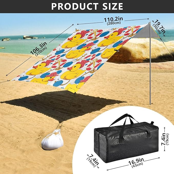 ALAZA Yellow Duck Lifebuoy Beach Tent Sun Shelter UPF50+ Protection Beach Shade Canopy w/ 4 Sandbags for Outdoor Camping Fishing Backyard Fun Picnic 10x9 ft