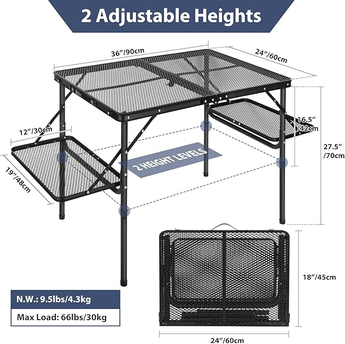 REDCAMP 36x24 Folding Grill Table for Outside with 2 Side Tables Lightweight Portable Metal Aluminum Outdoor Grill Table with Adjustable Height Legs Great for Camping Picnic Cooking BBQ Black 3ft