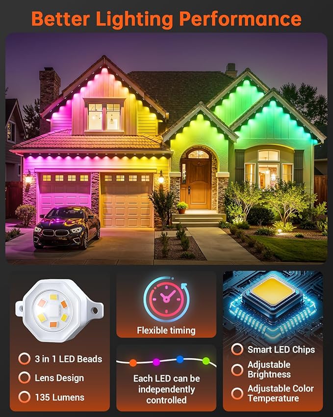 YAYZA! Permanent Outdoor Lights Pro100ft 72 LED Smart RGB+IC+Warm/Cool White Christmas Eave Lights 135lm Music Sync &amp DIY Scenes IP67 Waterproof for Outside Decor Works with AlexaGoogle Remo