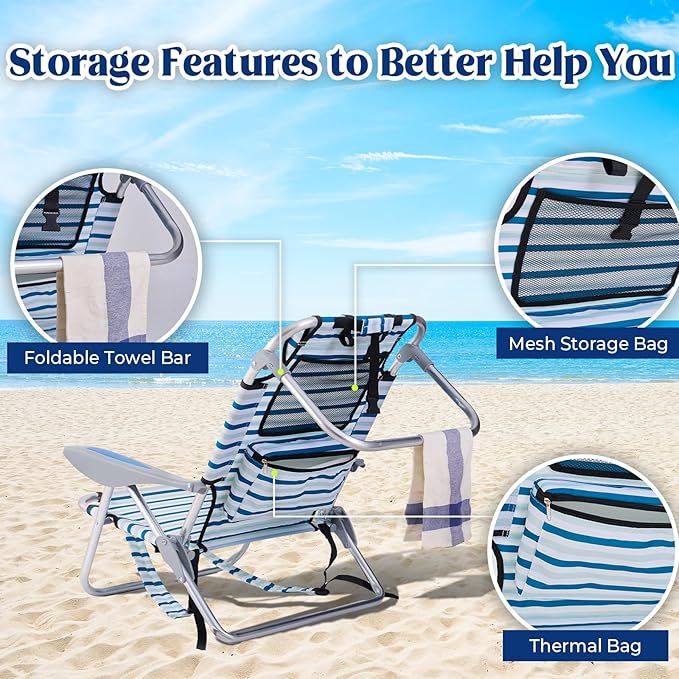 Portable Beach Chair for Adults Outdoor Camping Chair Lay Flat Folding Backpack Beach Reclining Chair with 5 Positions Headrest Cup Holder Heavy White Striped
