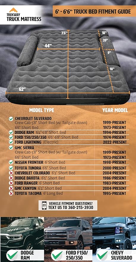Offroading Gear Inflatable Truck Bed Air Mattress | 6ft to 6.5ft Truck Box | Trekway | Converts to Full Double Size Bed | Durable and Waterproof Compatible with F150 Ram Supercrew etc.