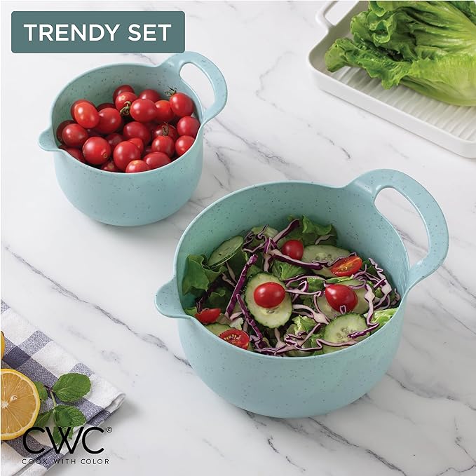 COOK WITH COLOR Nesting Plastic Mixing Bowl Set with Pour Spouts and Handles Speckled Mint 4 Piece Non-Slip