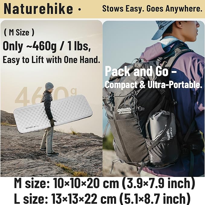 Naturehike 1.2 lbs Ultralight Sleeping Pad - 6.5 R-Value Insulated Inflatable Sleeping Pad 10cm Thickened Portable Compact Backpacking Sleeping Mat for Camping Hiking Climbing with Inflatable Bag