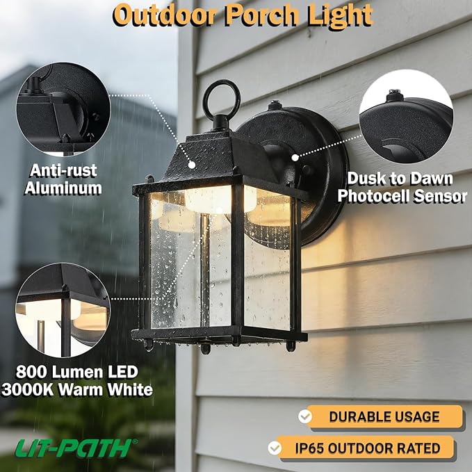 LIT-PaTH Small Outdoor LED Wall Lantern with Dusk to Dawn Photocell 3000K Warm White 9.5W 800 Lumen Aluminum Housing Plus Glass Outdoor Rated 1-Pack Black