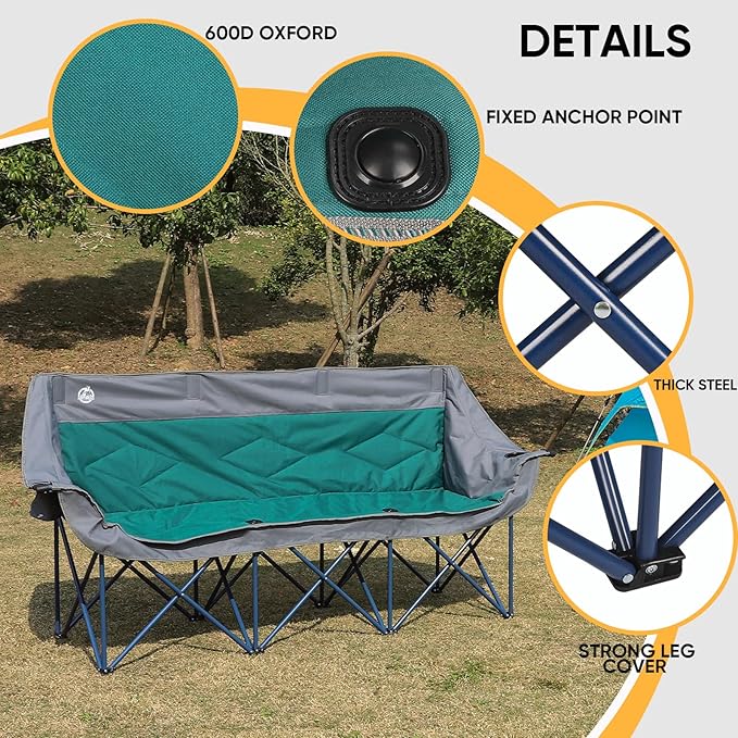 Northroad 3 Person Camping Chair Oversized 900 Lbs Outdoor Lawn Loveseat Chair Padded Folding Chairs for Adults Heavy Duty Soccer Chair w/Cup &amp Wine Glass Holder for Outside Picnic Beach Sports