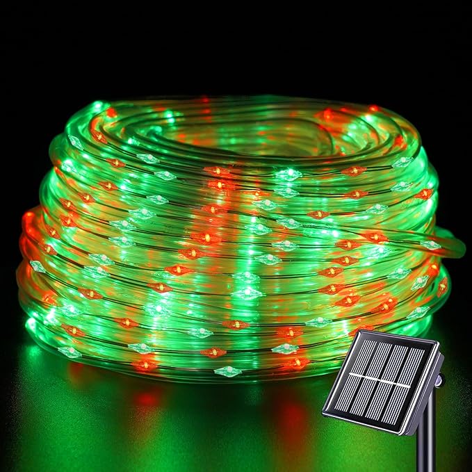 YEGUO Solar Christmas Light Outdoor Waterproof 66ft 200 LED Red and Green Rope Lights 8 Modes Tube String Lights in Clear Thin Tube