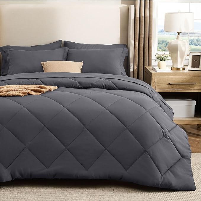 Bedsure 7 Pieces Full Comforter Set Premium Series Hotel Luxury Soft Bed in a Bag Goose Down Alternative Safe for Sensitive Skin Bedding Comforter All Season Medium Warmth Dark Grey Full Size