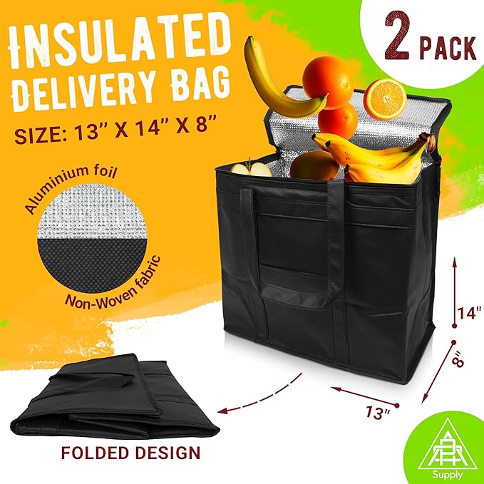 Black Insulated Food Delivery Bag. Insulated Grocery Bags with Zippered Top. Foldable Catering Bag for Food Deliveries. Heavy Duty Cold Bags for Groceries