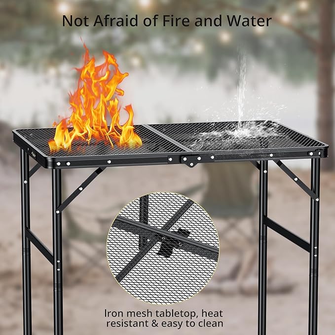 Anbte Portable Grill Table Max 29.5 2 Adjustable Heights Folding Camping Table with Heat-Resistant Mesh Tabletop &ampPortable Handle Waterproof for Cooking BBQ Outdoor Patio 31 X 22 Black