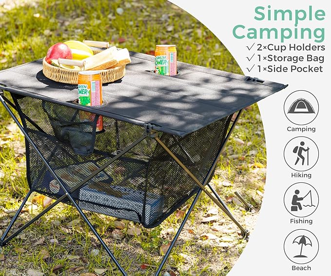 Lightweight Camping Table - Portable Folding Beach Side Table w/2 Cup Holders &amp Large Storage Basket Compact Fold for Tailgate Travel Outdoor Fishing Picnic | 29.2 W x 21.7 D (Black)