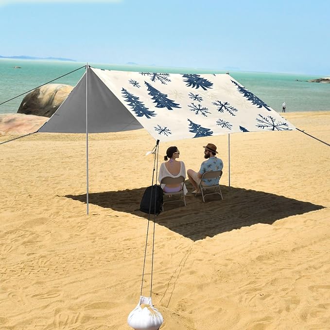 Beach Tent Sun Shelter Blue Christmas Tree Snowflakes Lightweight &amp Easy Setup Beach Shade Canopy for Camping Fishing