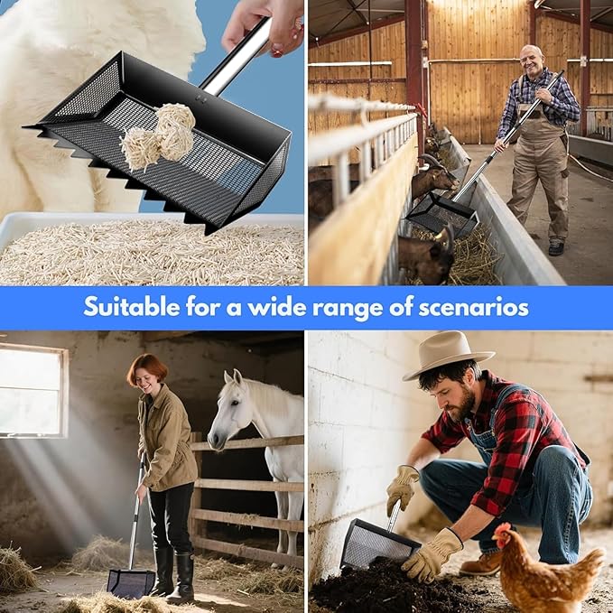 Adjustable manure shovel made of stainless steel with ergonomic and sieve plate for poultry farms. Durable manure shovel made of iron with rubber chain