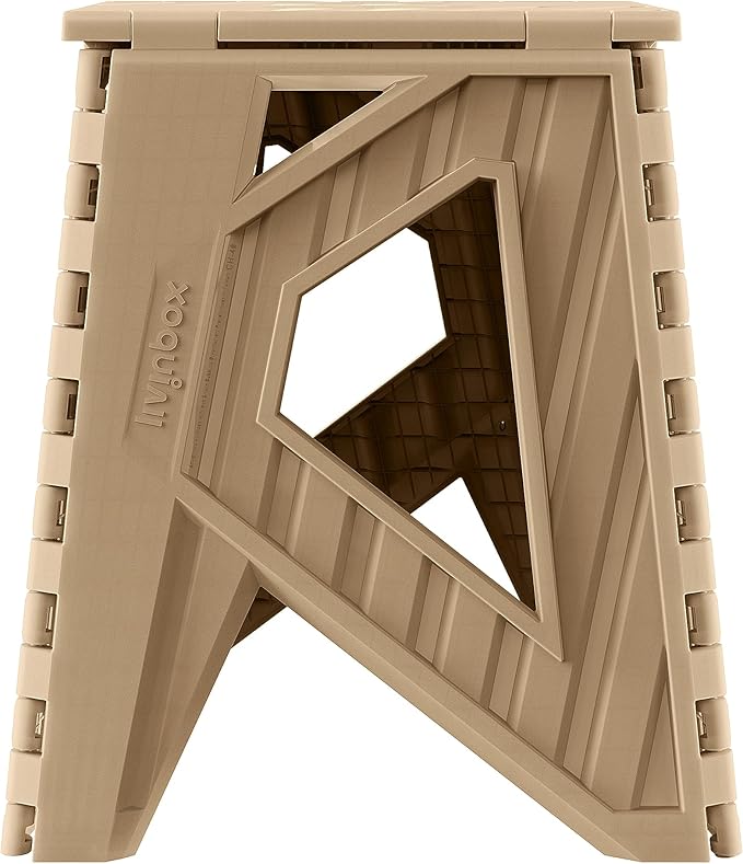 livinbox 15 inch Plastic Collapsible Stool Folding Stool Outdoor Step Stool Opens Easy with One Flip. Great for Kitchen Bathroom Bedroom Holds Up to 200kg (Khaki Beige)