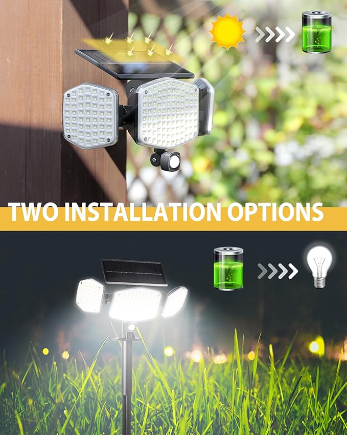 Solar Motion Lights Outdoor with Stake 208 LED 270° Illumination Security Flood Lights for Yrad Garden Pathway 3 Modes IP65 Waterproof In-Ground or Wall Mount