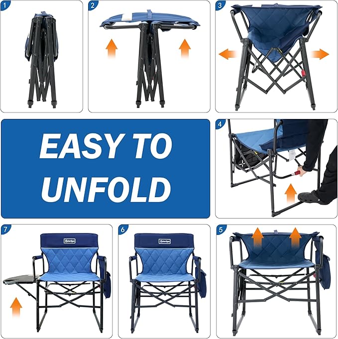 Camping Folding Chairs for Outside Foldable Camp Chairs for Adults Heavy Duty Oversized Directors Camping Chair with Table for Picnic Lawn Large Comfy Camping Chair 350 LBS Capacity Blue