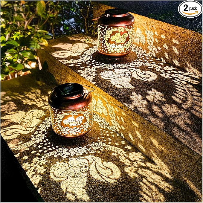 2 Pack Squirrel Solar Lanterns Outdoor Waterproof Hanging Solar Lights Squirrel Gifts for Women Men Metal Decorative LED Lanterns for Yard Patio Lawn Tabletop Pathway Landscape Garden Decor