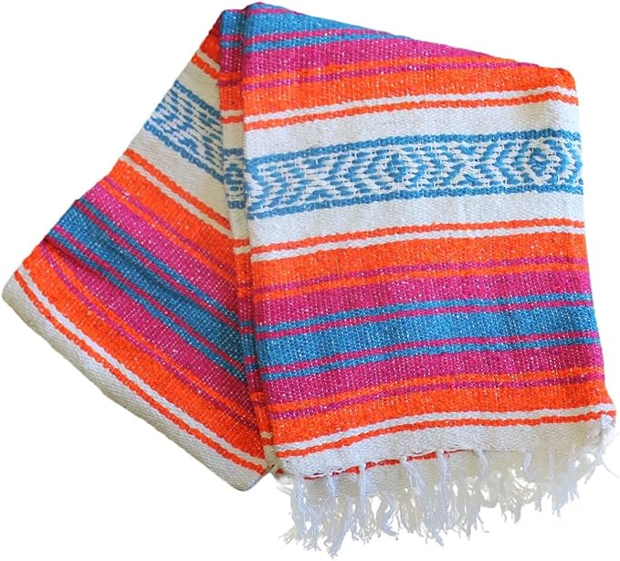 Del Mex Classic Mexican Blanket Large Authentic Woven Falsa Throw (70x50) Artisan Southwest Décor for Beach Yoga Outdoors (Orange/Pink/Blue)