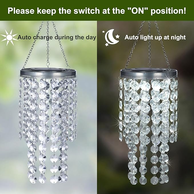 Hanging Solar Crystal Chandelier Outdoor 21” Modern Solar Transparent Acrylic Beaded Lantern with Cool White LED S Hooks for Garden Yard Patio Gazebo Outside Decor