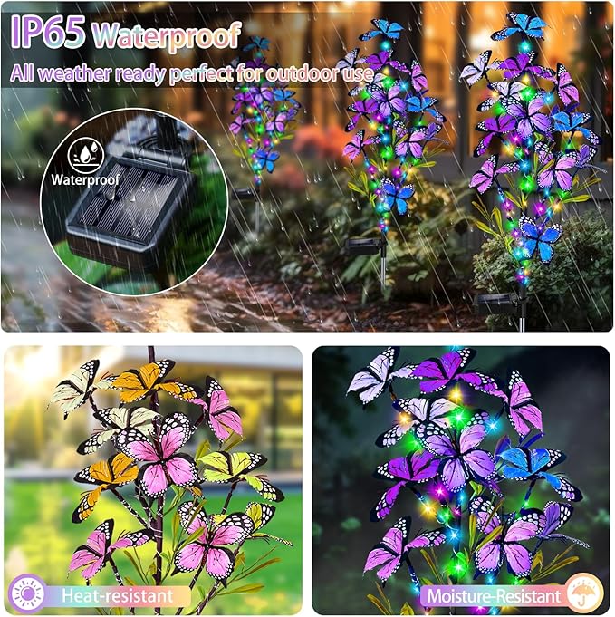 Solar Garden Lights Outdoor Waterproof 2 Pack Solar Butterfly Lights with 60 LED 12 Butterfly Colorful Lighting for Garden Yard Lawn Outdoor Decor Gift for Mom Women Mother's Day