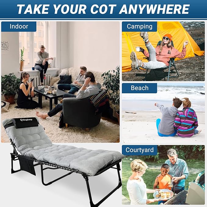 KingCamp Folding Outside Patio Lounge Chair with Comfortable Pad Adjustable 4-Position Adults Reclining Folding Chaise with Pillow Portable Camping cot for Patio Pool Beach Sunbathing Deck Lawn