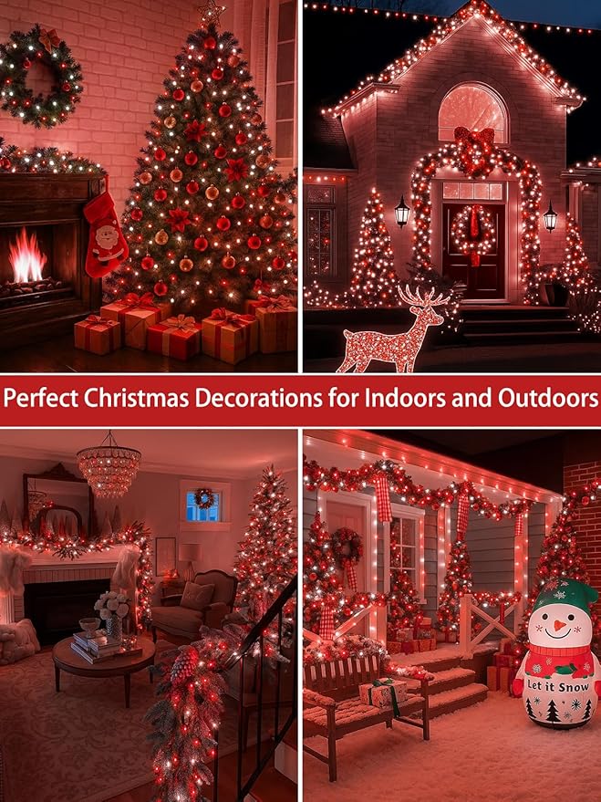 2-Pack 66FT 200 LED Christmas Lights 13 Modes Extendable Christmas Tree Lights with Timer &amp Memory Waterproof Twinkle Fairy Lights Green Wire Outdoor String Lights Indoor for Xmas Tree (Red Whit