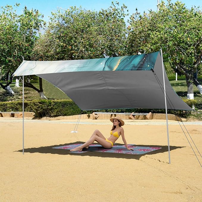 Abstract Turquoise Pattern Beach Tent Sun Shelter 9.2' x 10.5' Beach Canopy with 4 Sandbags 4 Stability Poles Sand Shovels - Tent Canopy for Beach Camping Fishing Picnics
