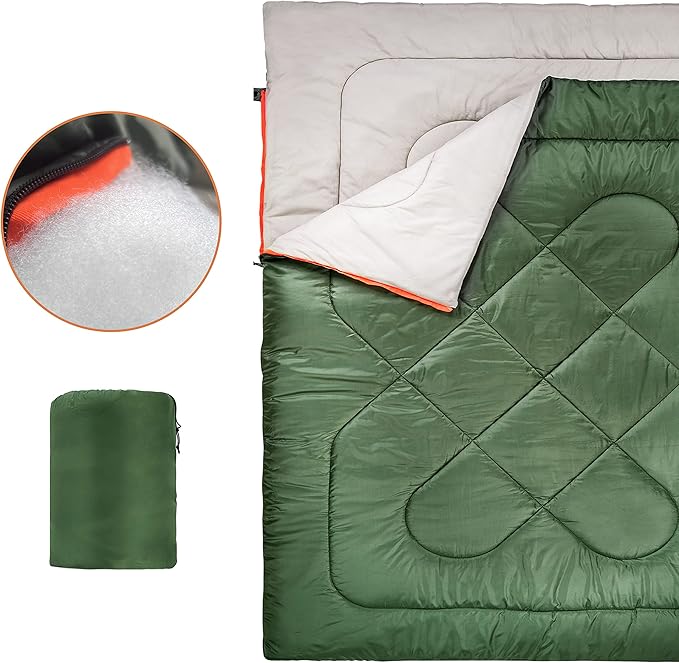 Amazon Basics 40°F Cold Weather Two-Person Sleeping Bag for Outdoor Camping Queen Size XL 87 x 59 Olive Green