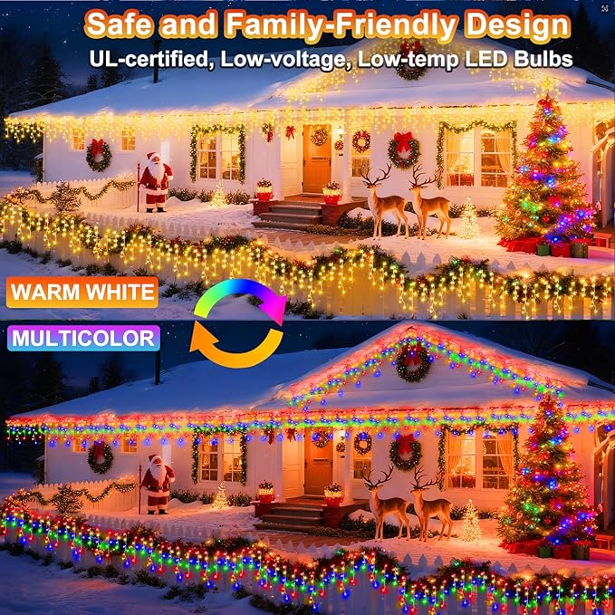 KNONEW Christmas Lights Outdoor Color Changing 400 LED 33ft 11 Modes Curtain Fairy String Light with 75 Drops Clear Wire LED Lights for Wedding Party Holiday Christmas (Warm White to Multicolor)