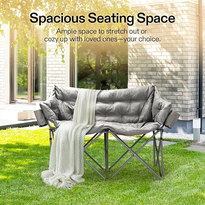 VIVOSUN Double Camping Chair Fully Padded Folding Loveseat Oversized Duo Chair with Cup &amp Wine Glass Holders Pocket Armrests &amp Carry Bag