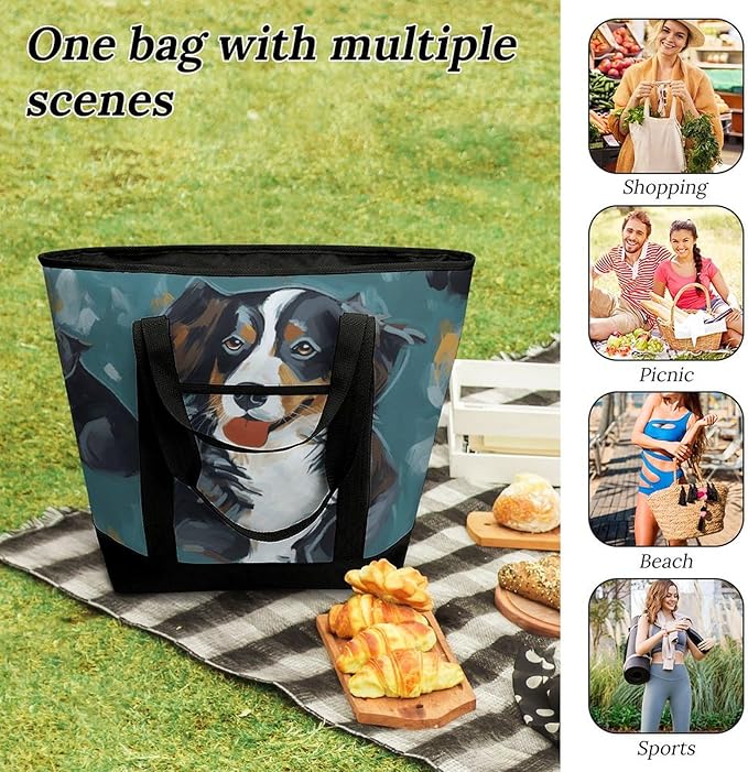 Insulated Shopping BagLarge Reusable Cooler Bags Dog Printed Foldable Shopping BagTravel Waterproof Shoulder Bag