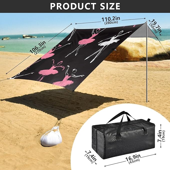 White Ballet Dancer Pattern Camping Sun Shelter Beach Tent Portable Beach Sun Shade Outdoor Canopy for Camping Trips Fishing Picnic