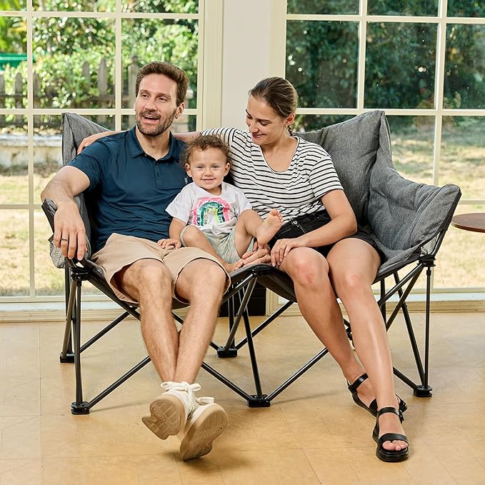 EVER ADVANCED Extra Large Double Camping Chair for Adults Family Size Padded Folding Camping Love Seat Bench with Side Pocket Portable Camping Couch Two Person Heavy Duty Folding Outdoor Chair