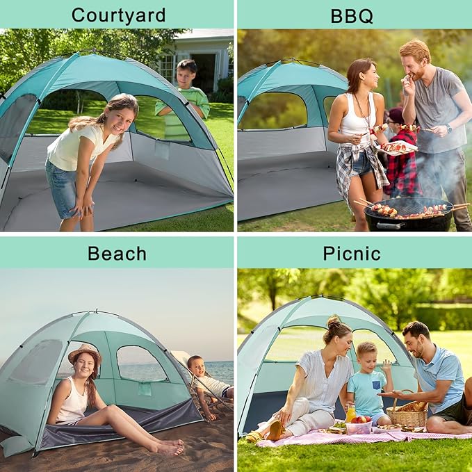 WhiteFang Beach Tent Anti-UV Portable Sun Shade Shelter for 3/4/6/8 Person Extendable Floor with 3 Ventilating Mesh Windows Plus Carrying Bag Stakes and Guy Lines