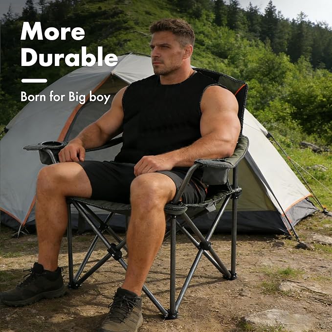 Oversized Camping Chair Heavy Duty Steel Frame 450 LBS Capacity Collapsible Padded Arm Chair with Cup Holder Lumbar Support Portable for Outdoor Garden Beach Home (1 Green)