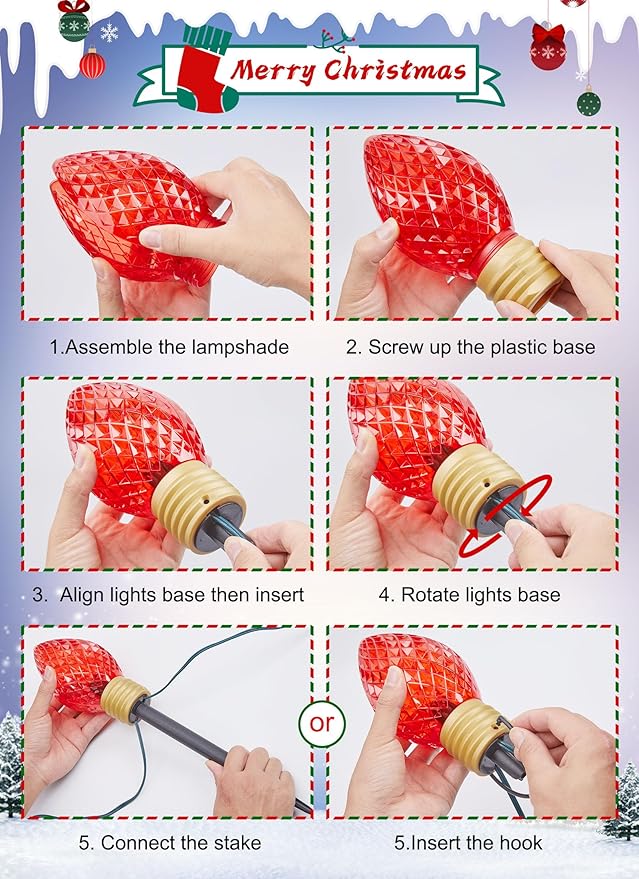 Brightown Solar Strawberry Jumbo Christmas Lights Outdoor - 18FT 10 LED Jumbo C9 Christmas Pathway Lights with Timer8 Modes Solar Christma Outdoor Decorations for Lawn Outside Red &amp Pure White