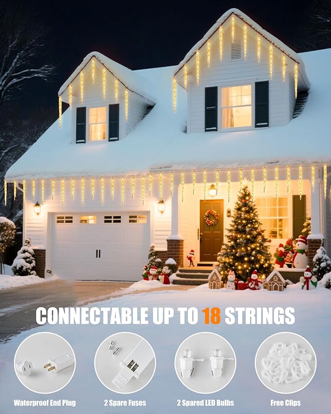 Minetom Icicle Lights Outdoor with Clips 2 Pack Total 40ft 200 LED 40 Tubes Twinkling Ice Shape String Lights Connectable Hanging Christmas Lights Plug in for Eave Holiday Outdoor Warm White