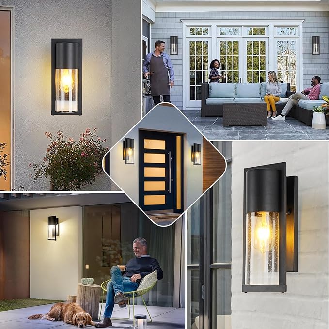 2 Pack Dusk to Dawn Outdoor Wall Lights Modern Farmhouse Outdoor Wall Lanterns Black Porch Light with Seed Glass Modern Waterproof Exterior Light Fixtures Wall Mount Sconce for House Garage Front Door