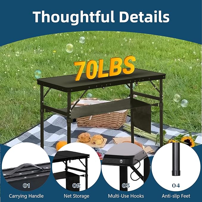 LOFTEY Folding Camping Table with 3 Adjustable Height 3ft Foldable Aluminum Camp Table Lightweight with Storage Bag Portable for Outdoor BBQ Hiking 34.2 x 15.7 x 27.5 Black