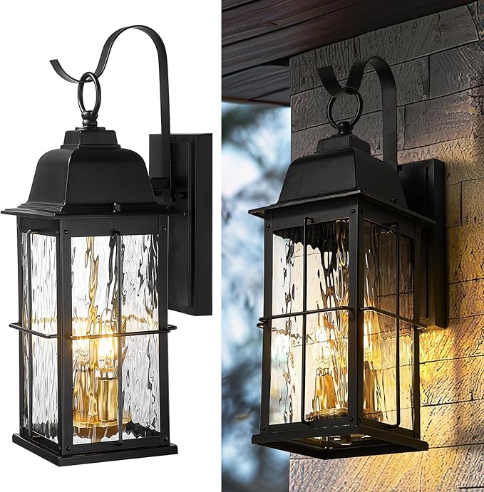zeyu 17.2 Inch Exterior Black Light Fixture 2-Light Outside Wall Light for House Die-Cast Aluminum with Water Ripple Glass Black and Gold Finish 20071B2 BK+BG-WP